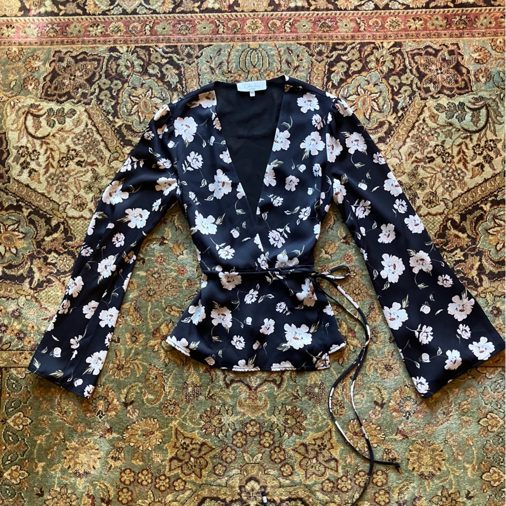 L’Academie Satin Floral Wrap Blouse with Bell Sleeves